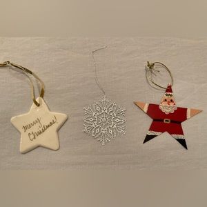3 Vintage Star Shaped Ornaments - Santa Claus, Snowflake, Star "Merry Christmas"